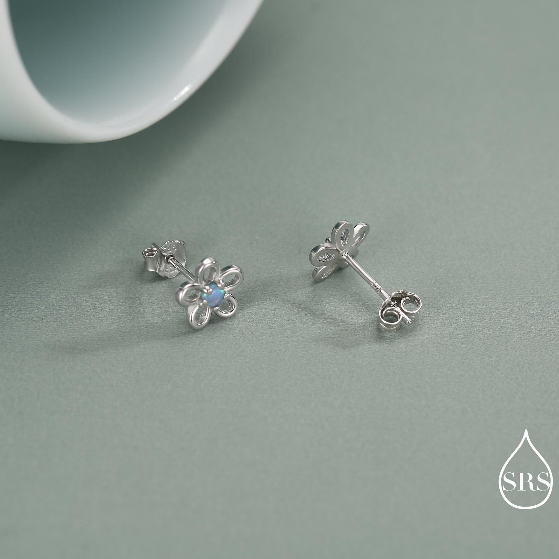 Tiny Blue Opal Flower Stud Earrings in Sterling Silver, Opal Forget-me-not Earrings - Silver Opal Flower Earrings - Petite Stud Earrings