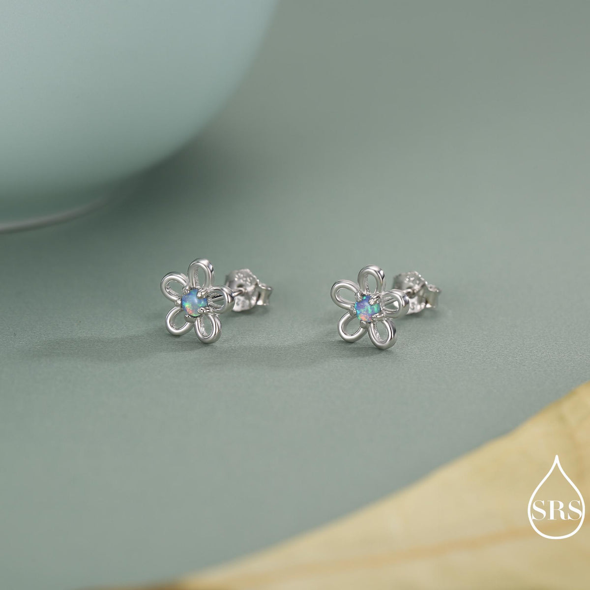 Tiny Blue Opal Flower Stud Earrings in Sterling Silver, Opal Forget-me-not Earrings - Silver Opal Flower Earrings - Petite Stud Earrings