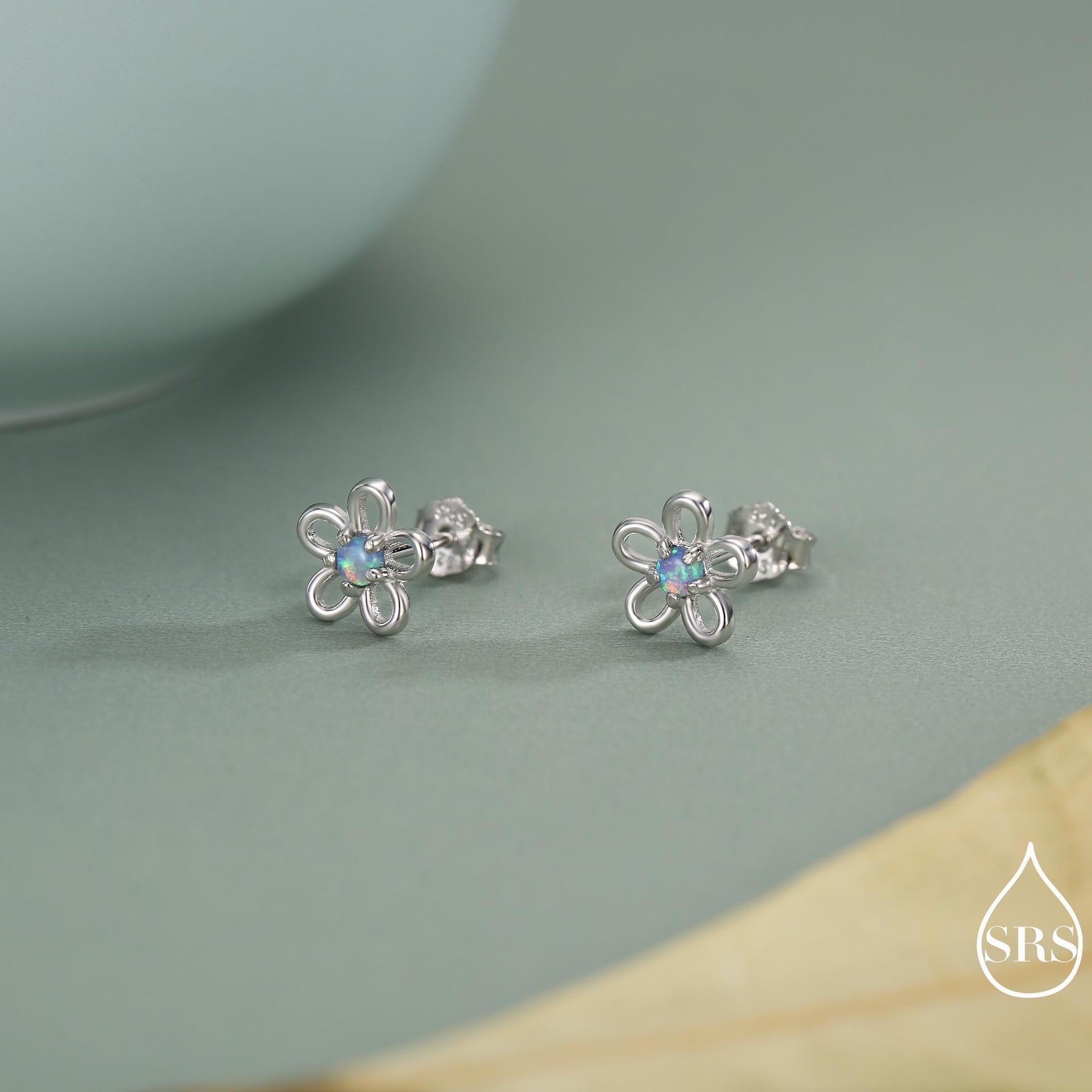 Tiny Blue Opal Flower Stud Earrings in Sterling Silver, Opal Forget-me-not Earrings - Silver Opal Flower Earrings - Petite Stud Earrings