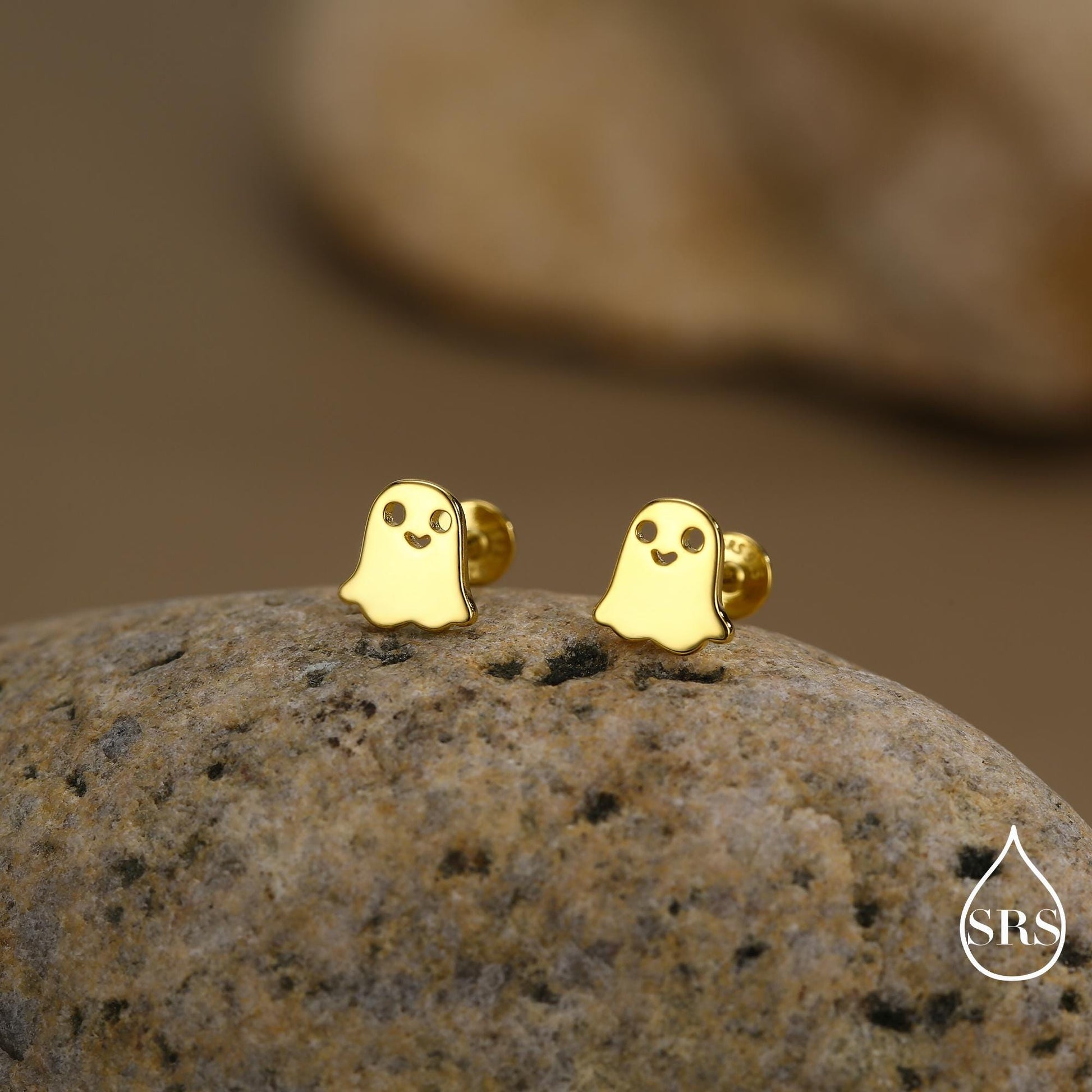 Tiny Little Cute Ghost Internally Threaded Flat Back Earrings in Sterling Silver, Silver, Gold or Rose Gold, Tiny Ghost Screw Back Earrings