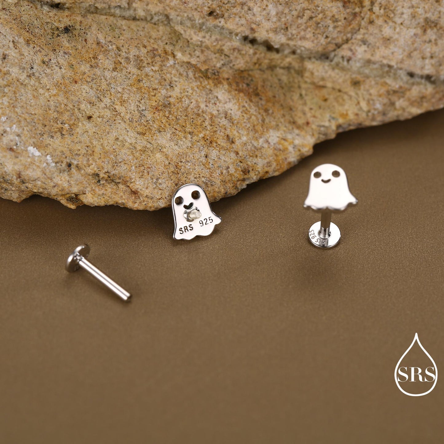 Tiny Little Cute Ghost Internally Threaded Flat Back Earrings in Sterling Silver, Silver, Gold or Rose Gold, Tiny Ghost Screw Back Earrings