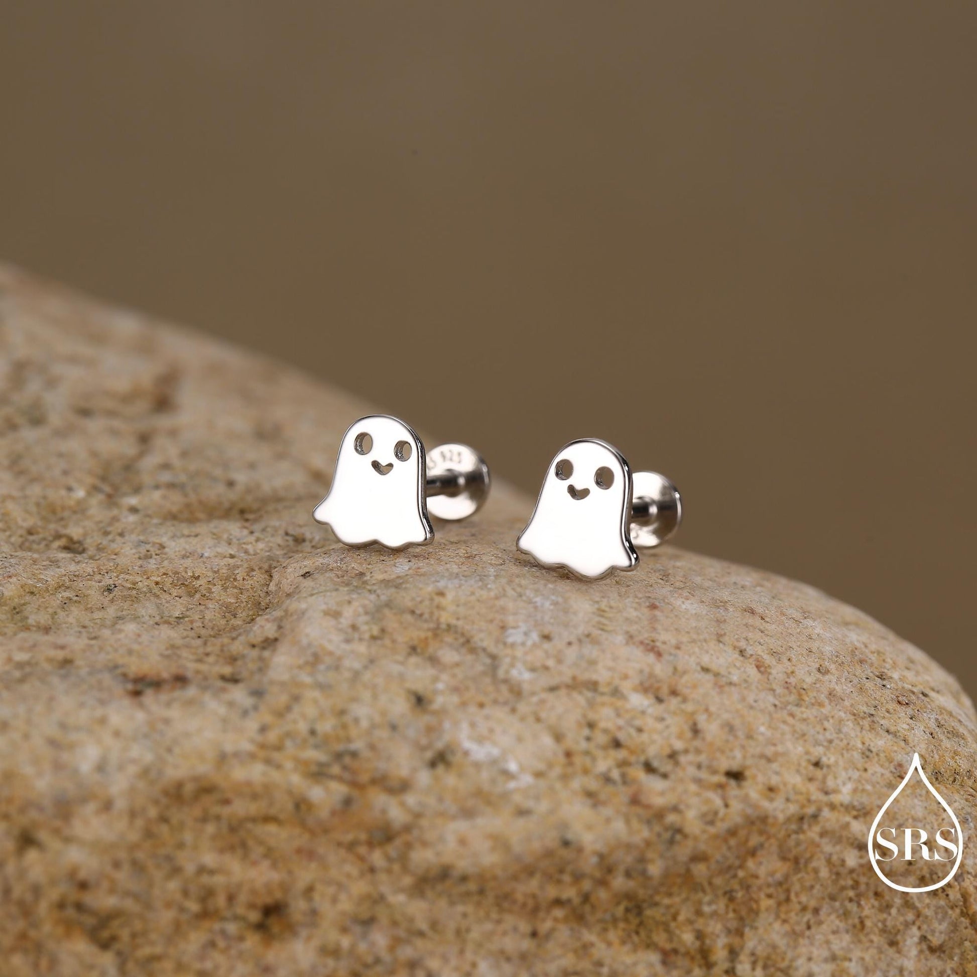 Tiny Little Cute Ghost Internally Threaded Flat Back Earrings in Sterling Silver, Silver, Gold or Rose Gold, Tiny Ghost Screw Back Earrings
