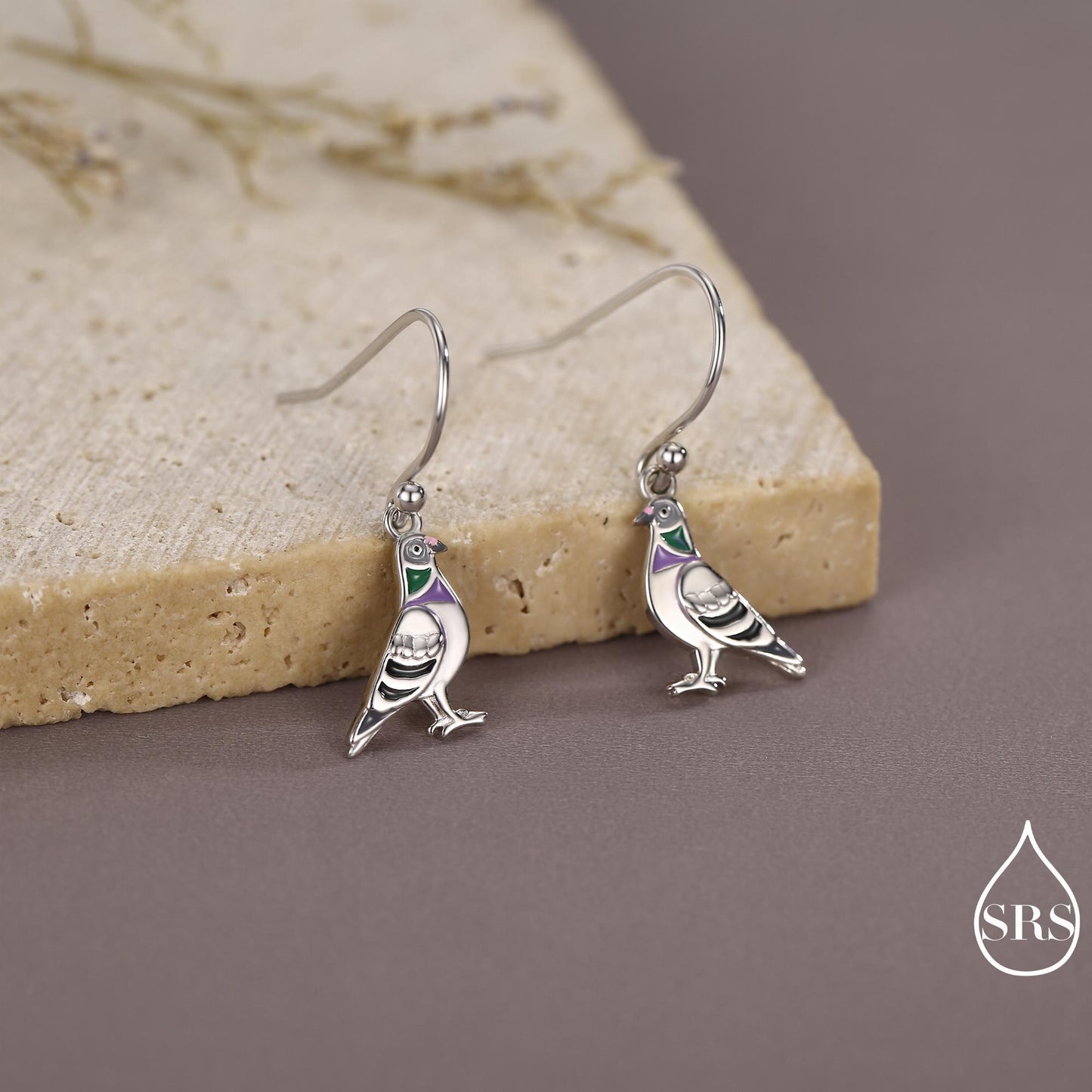 Sterling Silver Pigeon Bird Drop Hook Earrings, Enamel Coated Pigeon Dangle Earrings, Nature Inspired Animal Earrings