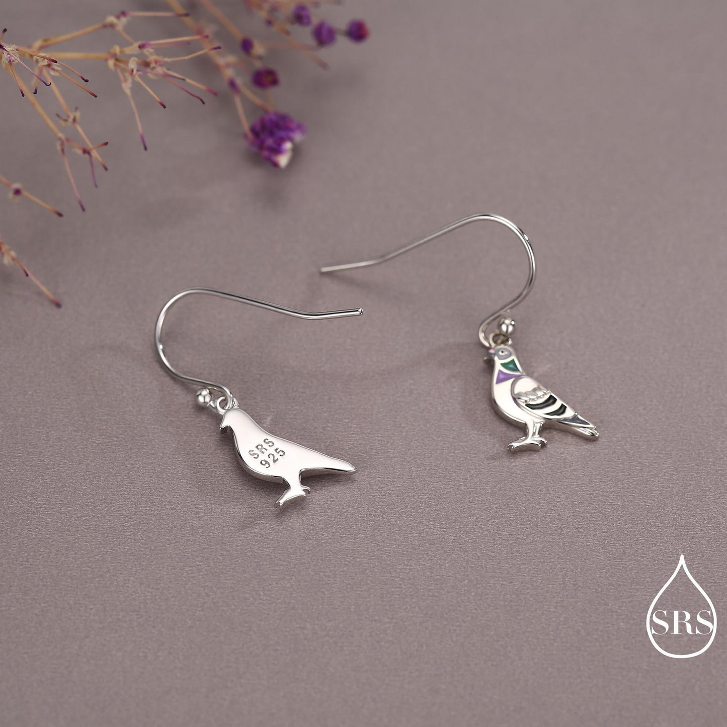 Sterling Silver Pigeon Bird Drop Hook Earrings, Enamel Coated Pigeon Dangle Earrings, Nature Inspired Animal Earrings