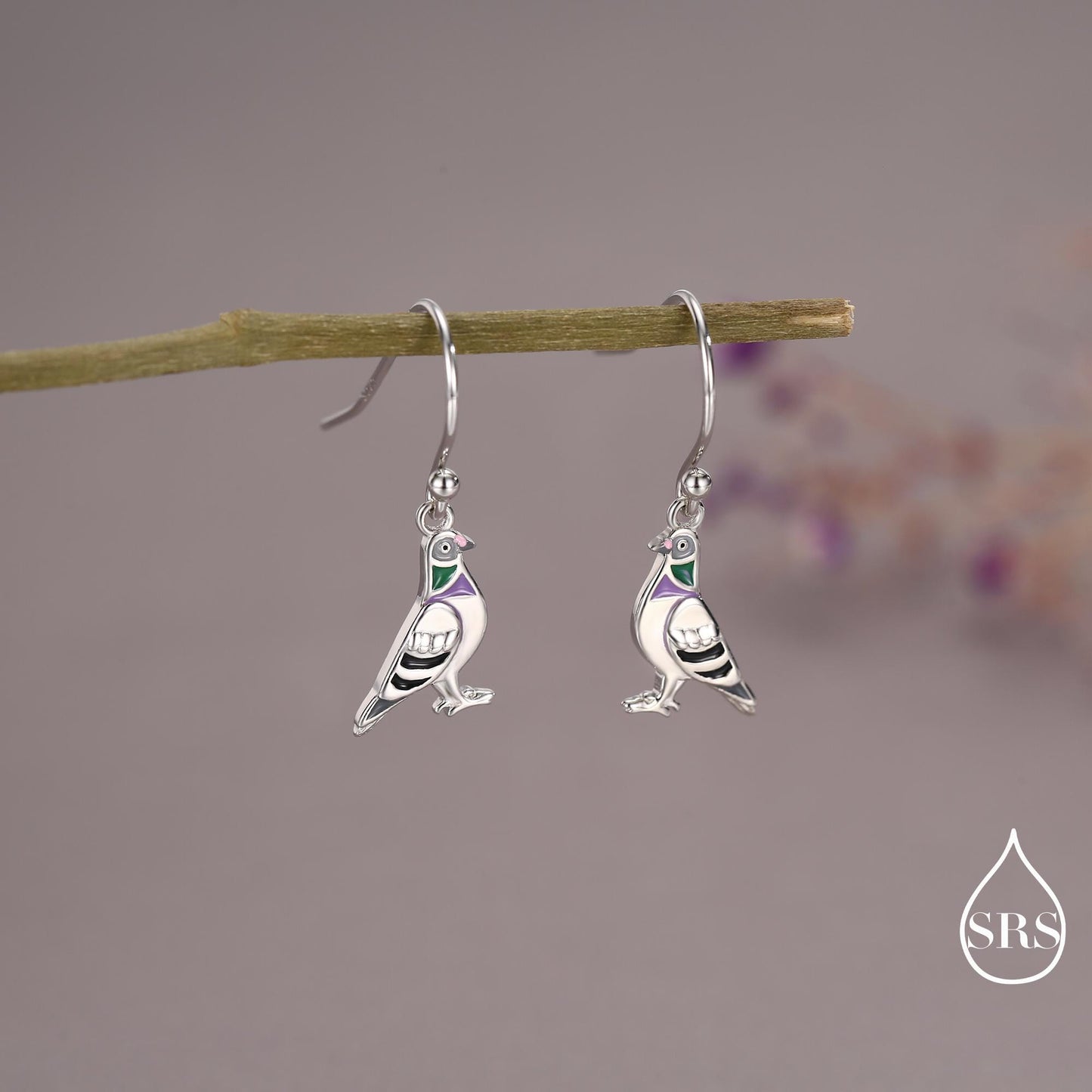 Sterling Silver Pigeon Bird Drop Hook Earrings, Enamel Coated Pigeon Dangle Earrings, Nature Inspired Animal Earrings