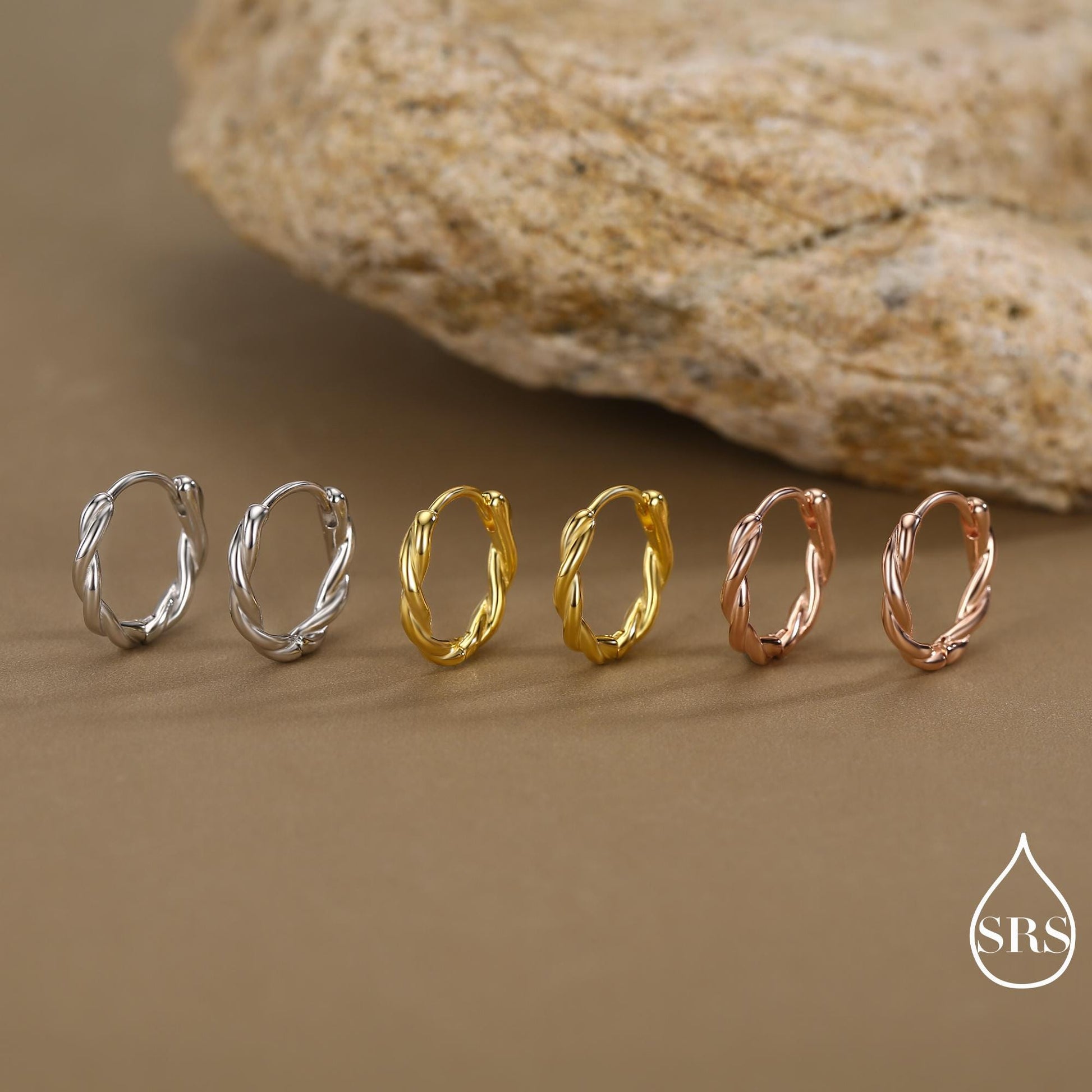 Sterling Silver Dainty Braided Hoop Earrings, 8mm or 10mm, Minimalist and Delicate Twist Rope Hoop Earrings, Silver, Gold, Rose Gold Finish