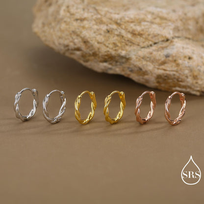 Sterling Silver Dainty Braided Hoop Earrings, 8mm or 10mm, Minimalist and Delicate Twist Rope Hoop Earrings, Silver, Gold, Rose Gold Finish