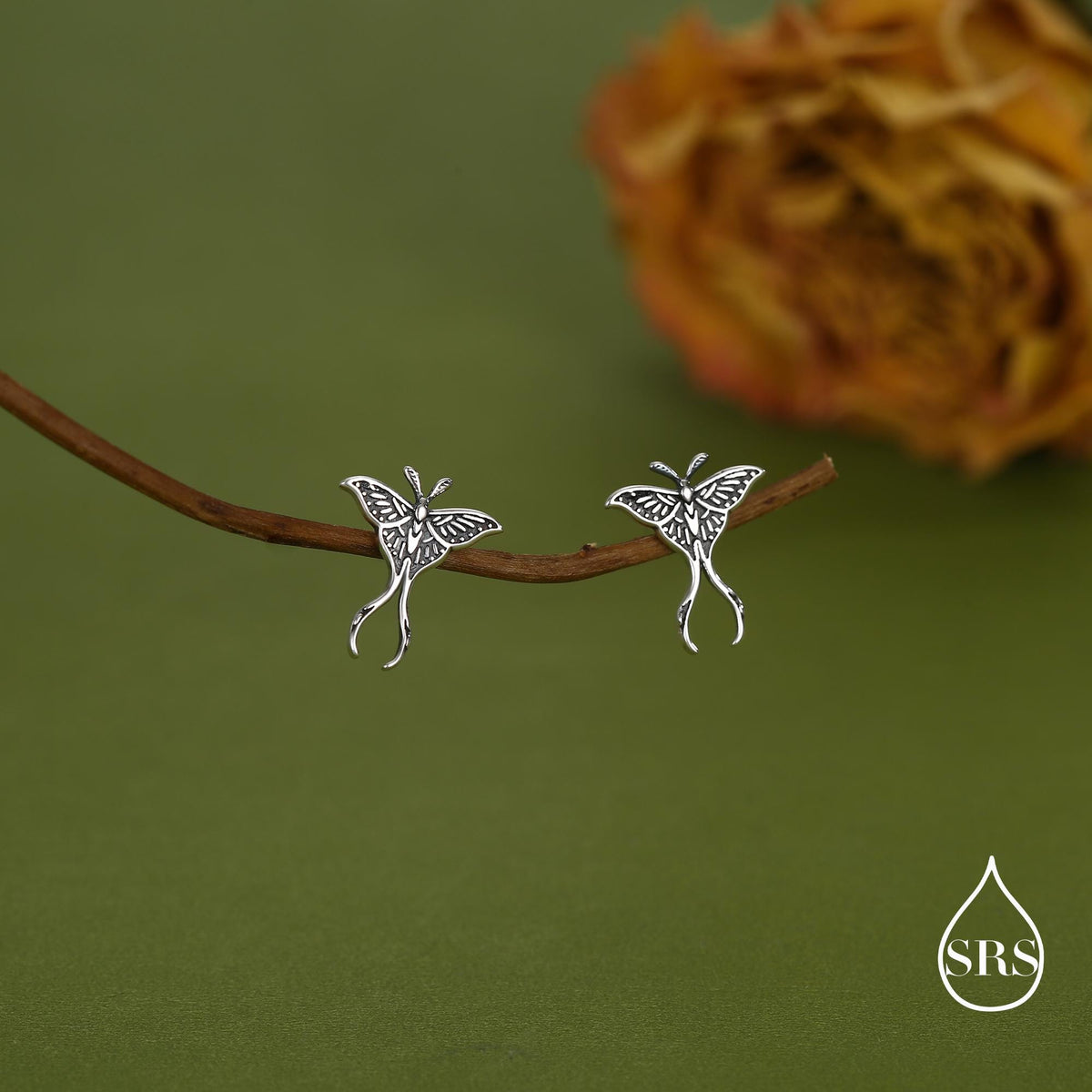 Lunar Moth Sterling Silver Stud Earrings with Oxidised Finish