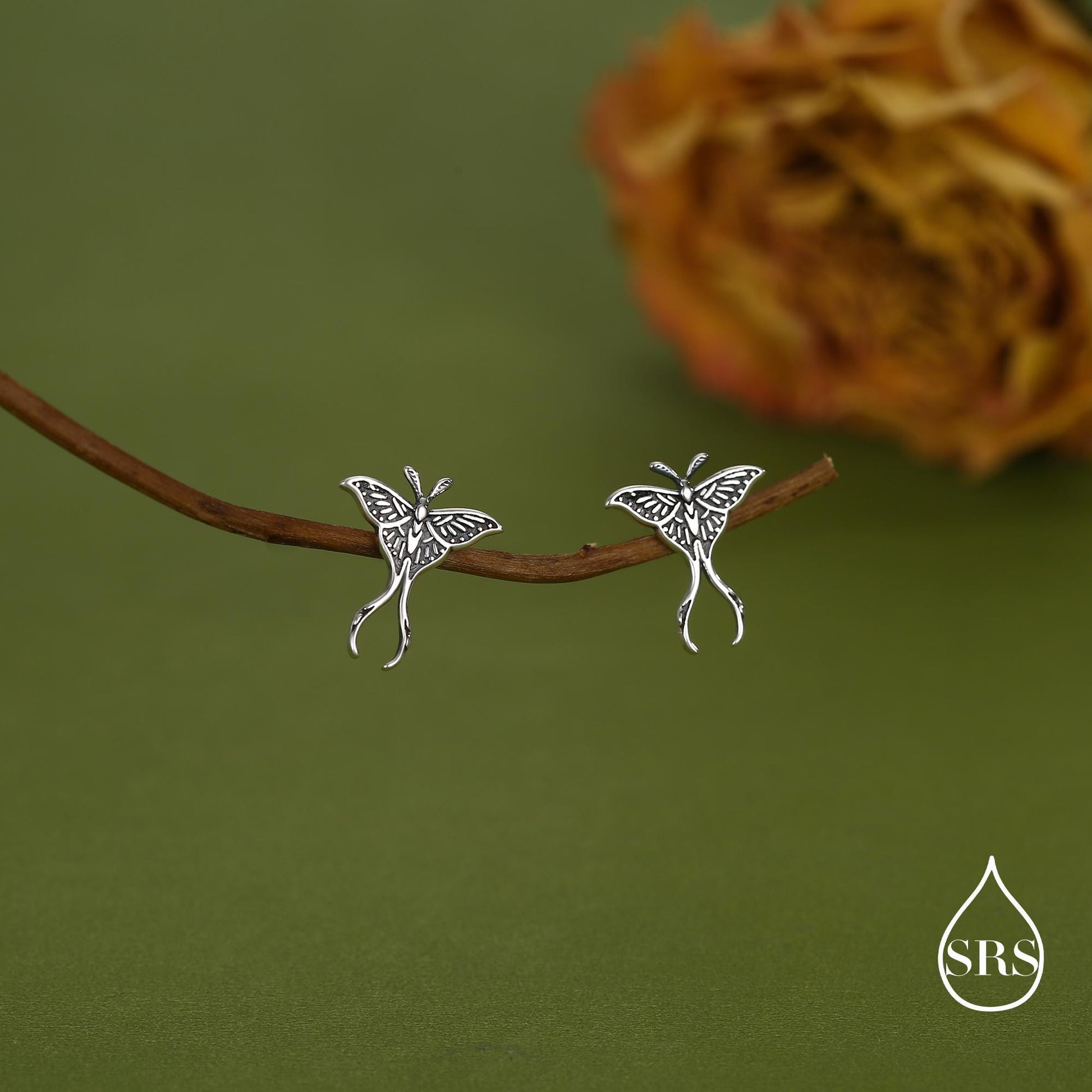 Lunar Moth Sterling Silver Stud Earrings with Oxidised Finish