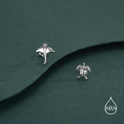 Sterling Silver Manta Ray & Sea Turtle Stud Earrings – Ocean Animal Mismatched Earrings, Minimalist Marine Life Jewellery, Beach Lover Gift