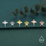 Sterling Silver Manta Ray & Sea Turtle Stud Earrings – Ocean Animal Mismatched Earrings, Minimalist Marine Life Jewellery, Beach Lover Gift