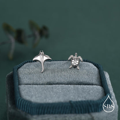 Sterling Silver Manta Ray & Sea Turtle Stud Earrings – Ocean Animal Mismatched Earrings, Minimalist Marine Life Jewellery, Beach Lover Gift