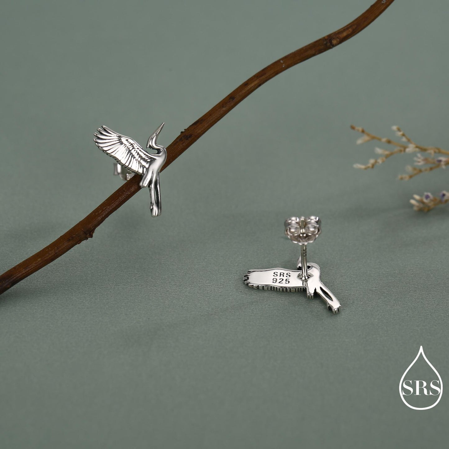 Sterling Silver Flying Heron / Crane Bird Stud Earrings, Silver, Gold or Rose Gold Finish, Animal Lover, Nature Inspired