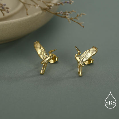 Sterling Silver Flying Heron / Crane Bird Stud Earrings, Silver, Gold or Rose Gold Finish, Animal Lover, Nature Inspired