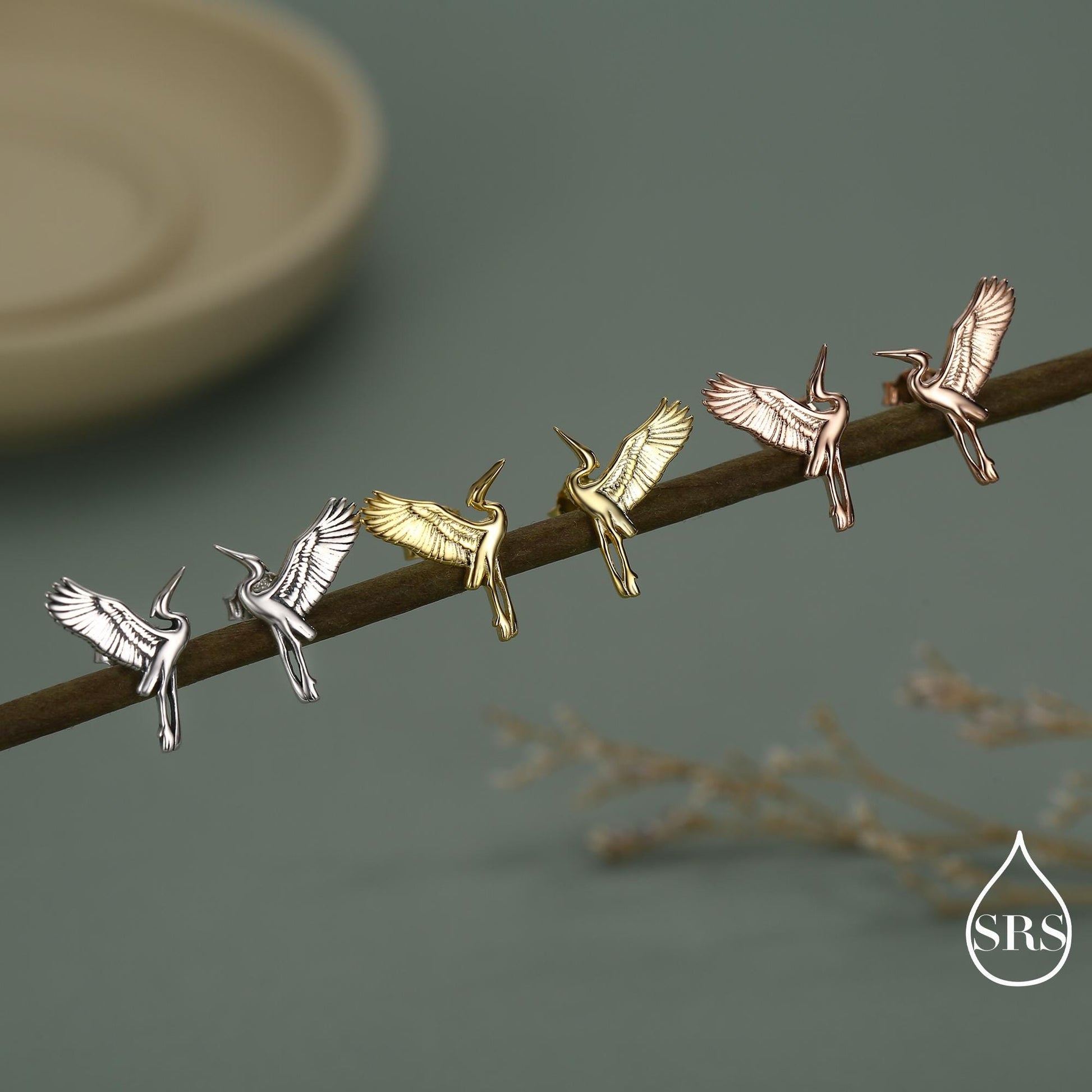 Sterling Silver Flying Heron / Crane Bird Stud Earrings, Silver, Gold or Rose Gold Finish, Animal Lover, Nature Inspired
