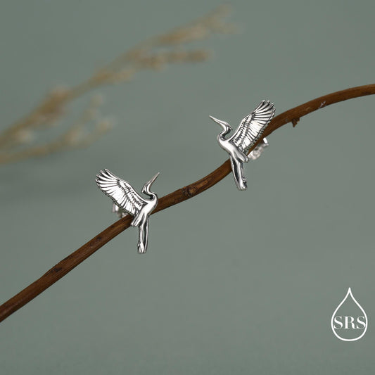 Sterling Silver Flying Heron / Crane Bird Stud Earrings, Silver, Gold or Rose Gold Finish, Animal Lover, Nature Inspired