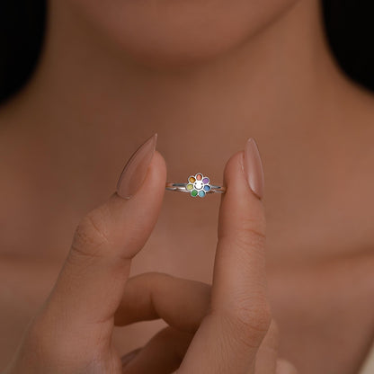 Sterling Silver Cute Little Smiling Flower Ring, Adjustable Size, Cute Rainbow Flower Jewellery, Dainty and Delicate, Flower Ring