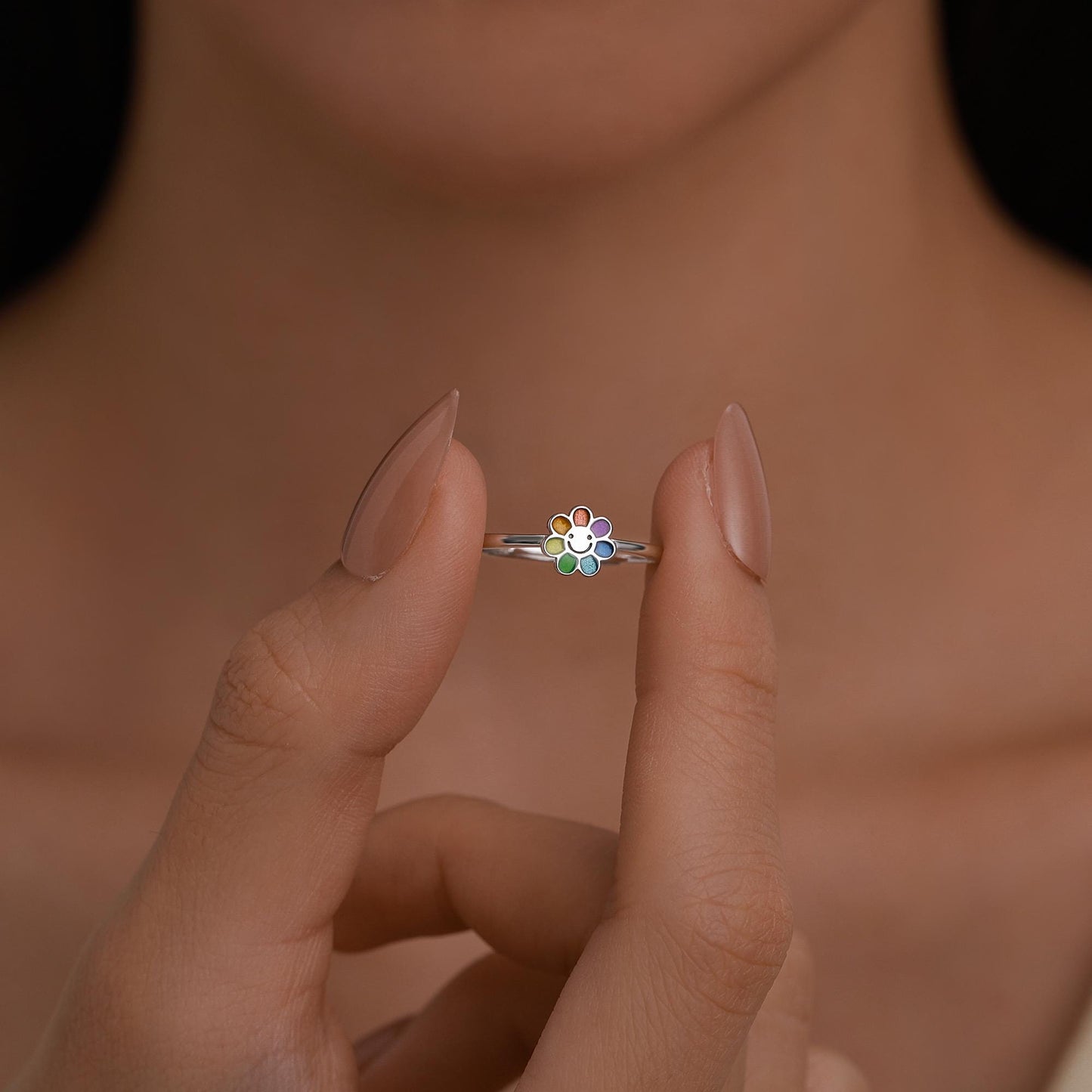 Sterling Silver Cute Little Smiling Flower Ring, Adjustable Size, Cute Rainbow Flower Jewellery, Dainty and Delicate, Flower Ring