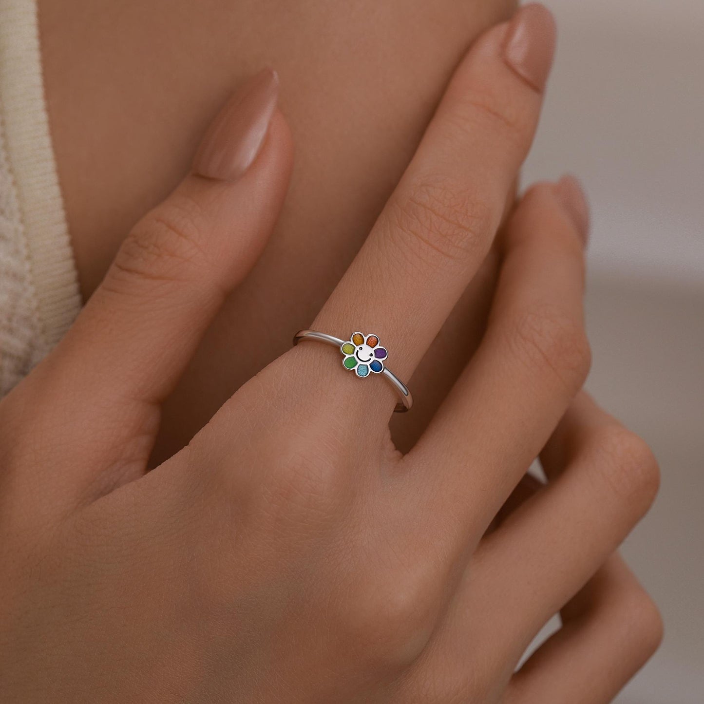 Sterling Silver Cute Little Smiling Flower Ring, Adjustable Size, Cute Rainbow Flower Jewellery, Dainty and Delicate, Flower Ring
