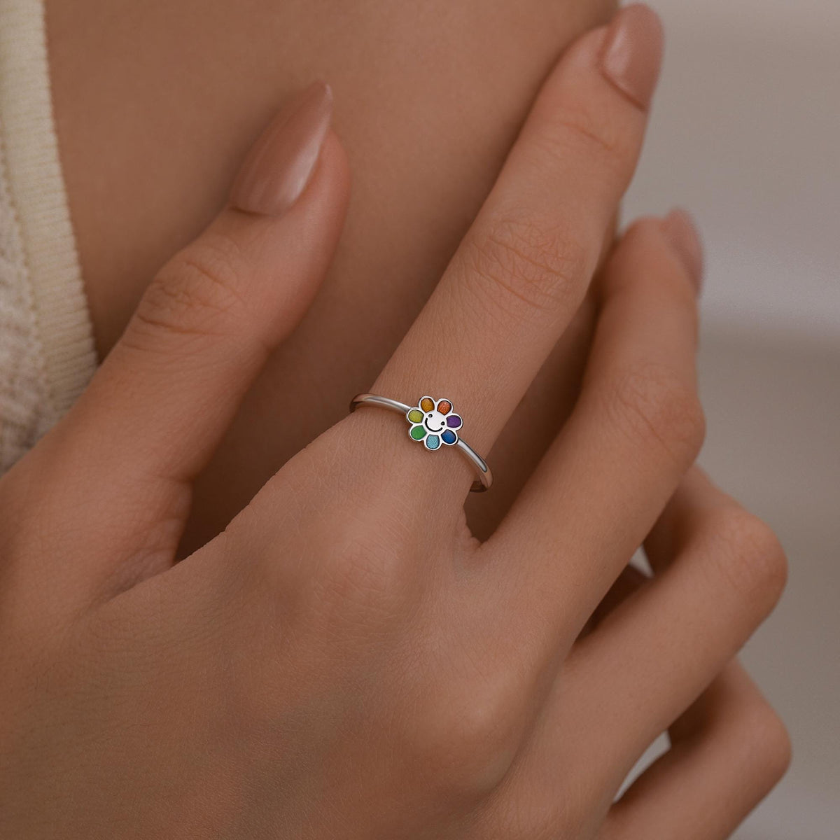 Cute Rainbow Smiling Flower Motif Ring