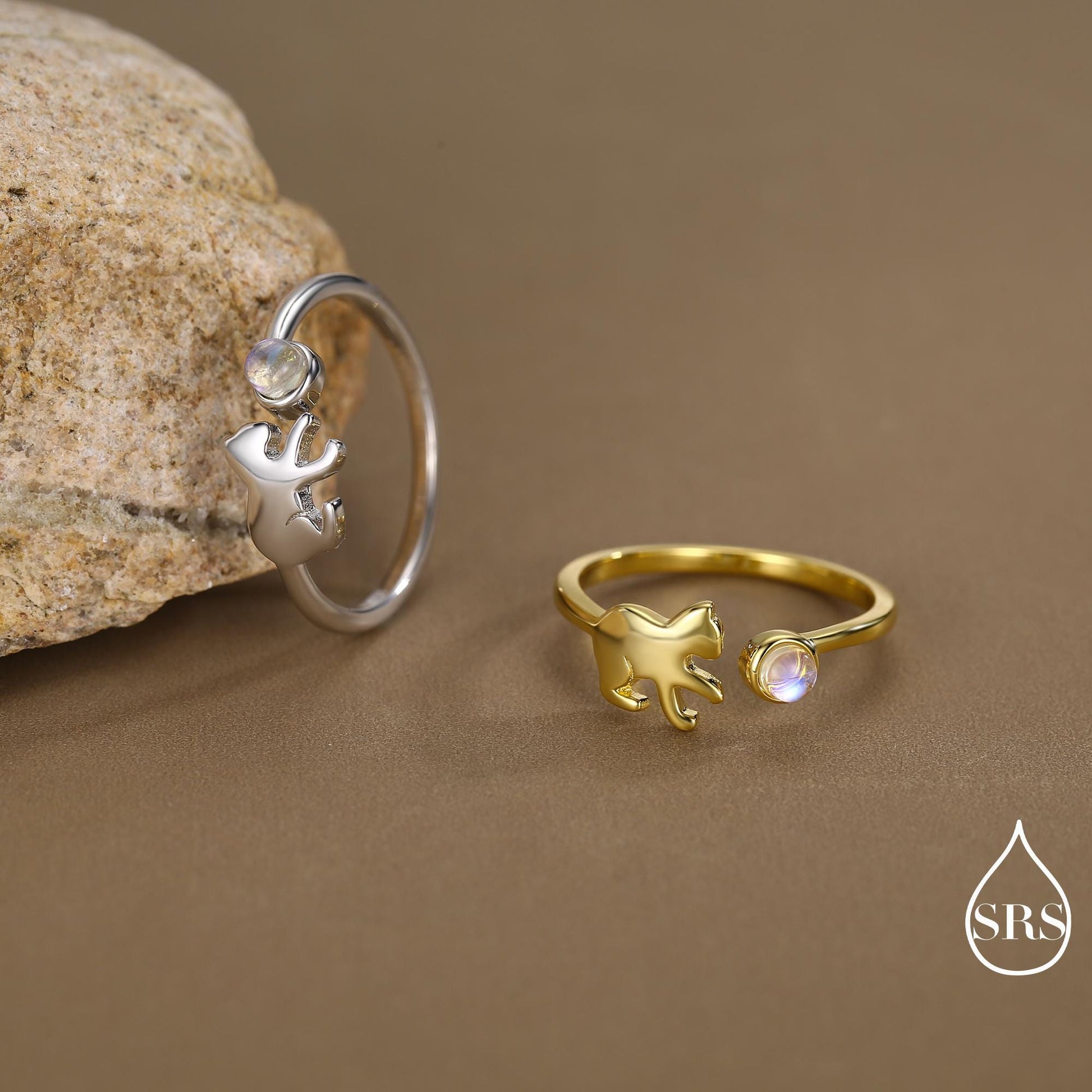 Sterling Silver Cat Playing with Ball Ring with Lab Created Moonstones, Adjustable-Sized Ring, Open Ring, Stacking Rings