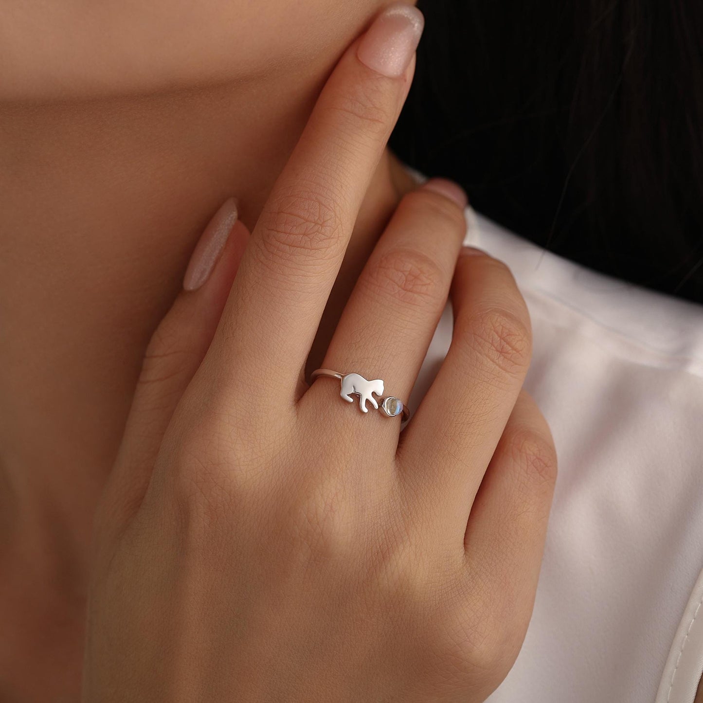 Sterling Silver Cat Playing with Ball Ring with Lab Created Moonstones, Adjustable-Sized Ring, Open Ring, Stacking Rings