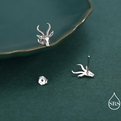 Sterling Silver Antelope / Deer Head Stud Earrings, Aries Jewellery, Animal Earrings, Nature Inspired