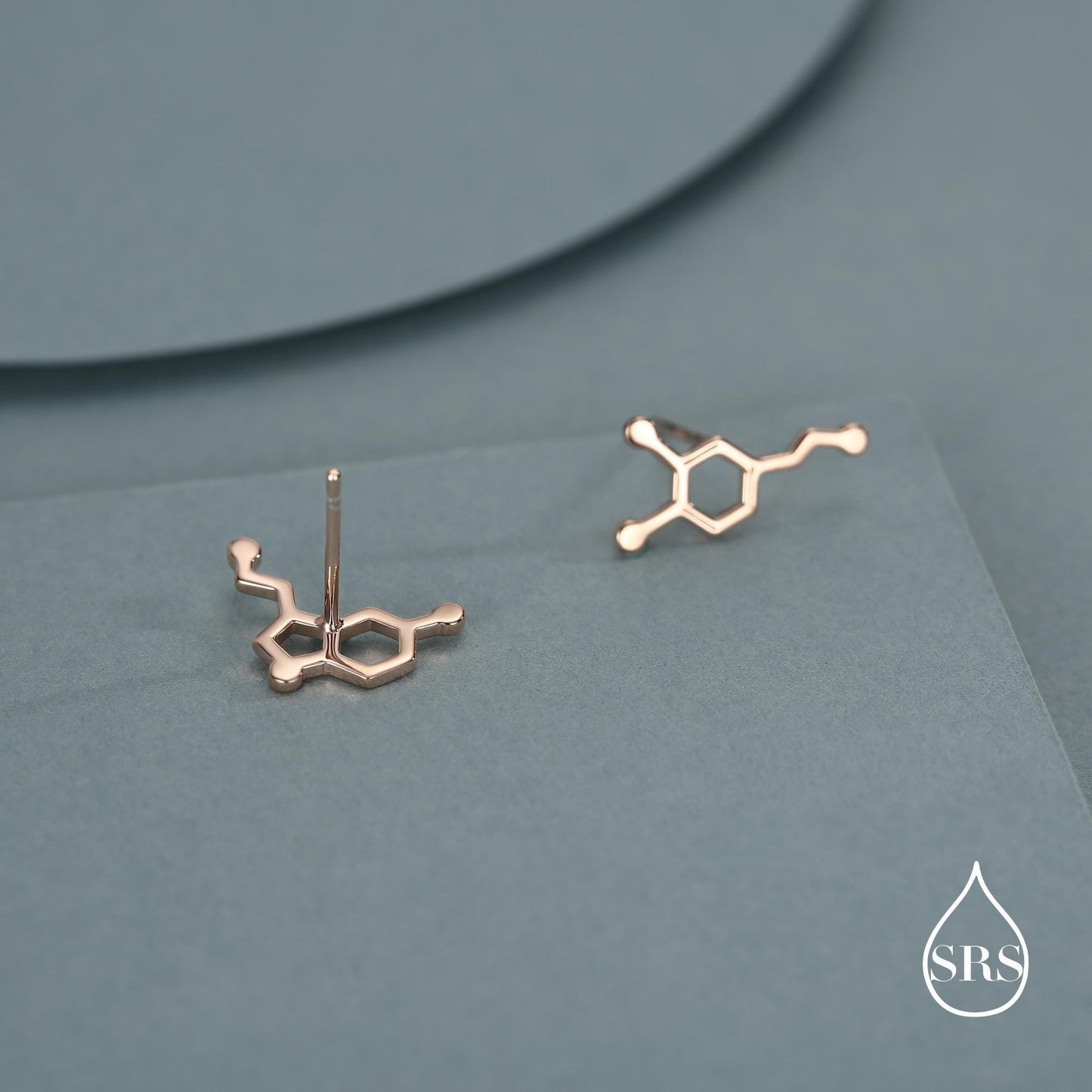 Mismatched Happiness Molecules Stud Earrings in Sterling Silver, Asymmetric Dopamine and Serotonin Earrings
