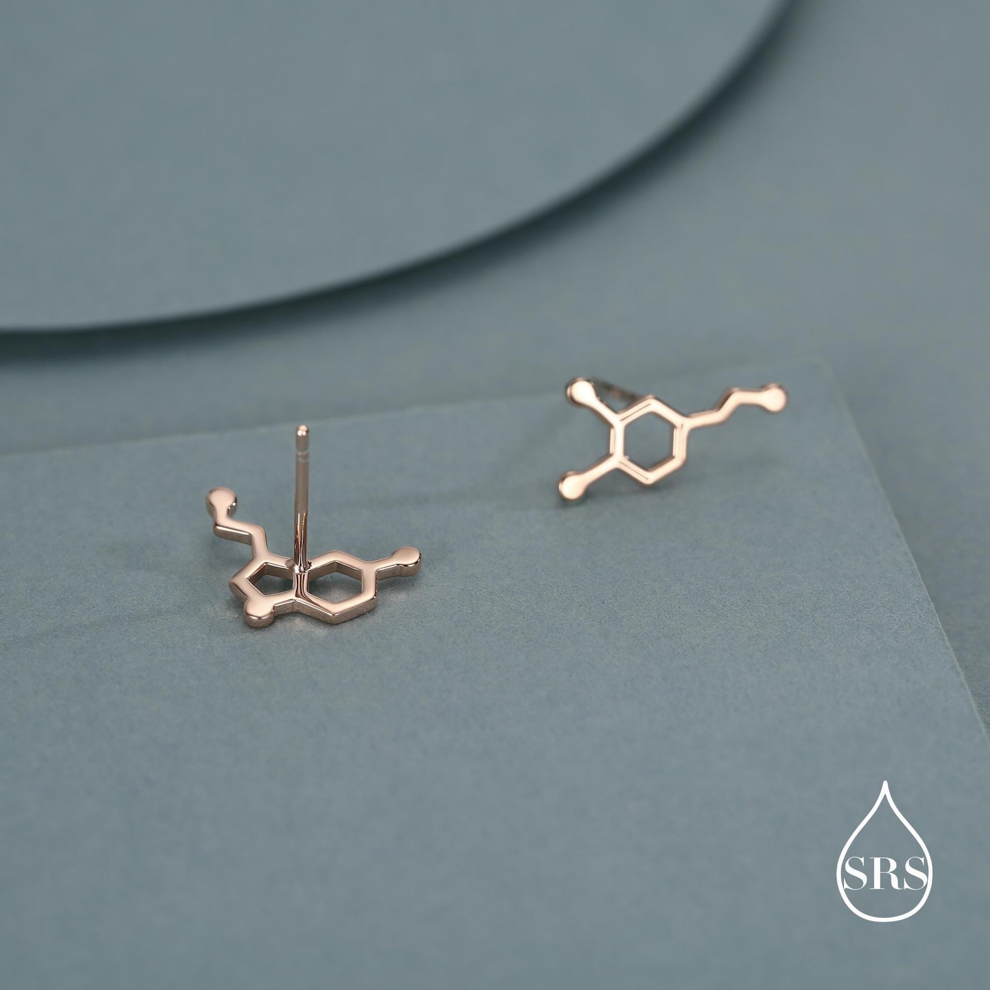 Mismatched Happiness Molecules Stud Earrings in Sterling Silver, Asymmetric Dopamine and Serotonin Earrings