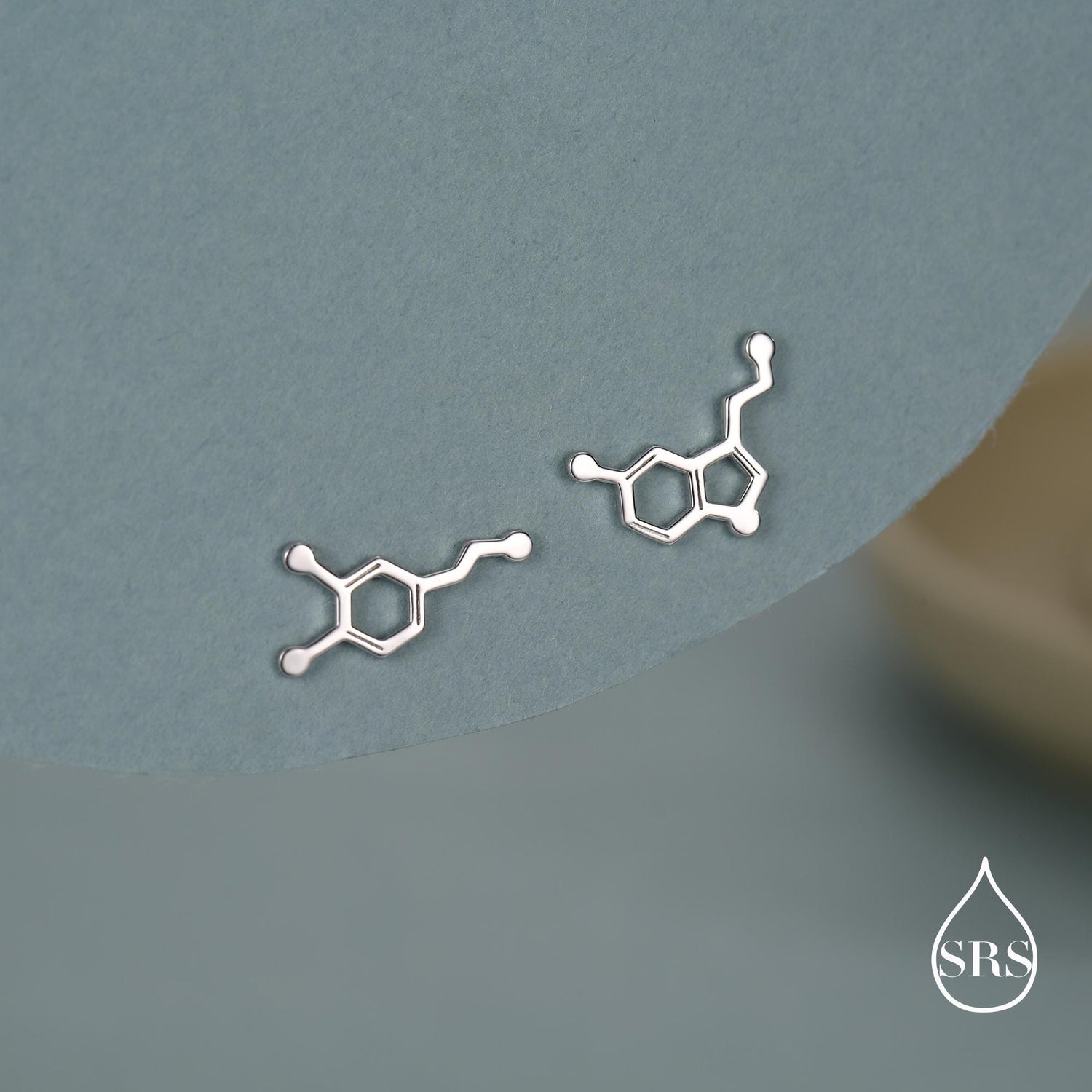 Mismatched Happiness Molecules Stud Earrings in Sterling Silver, Asymmetric Dopamine and Serotonin Earrings