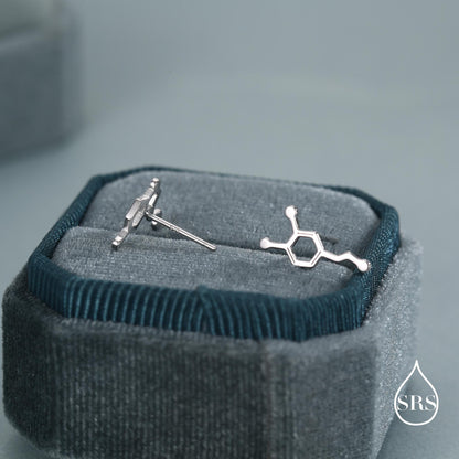 Mismatched Happiness Molecules Stud Earrings in Sterling Silver, Asymmetric Dopamine and Serotonin Earrings