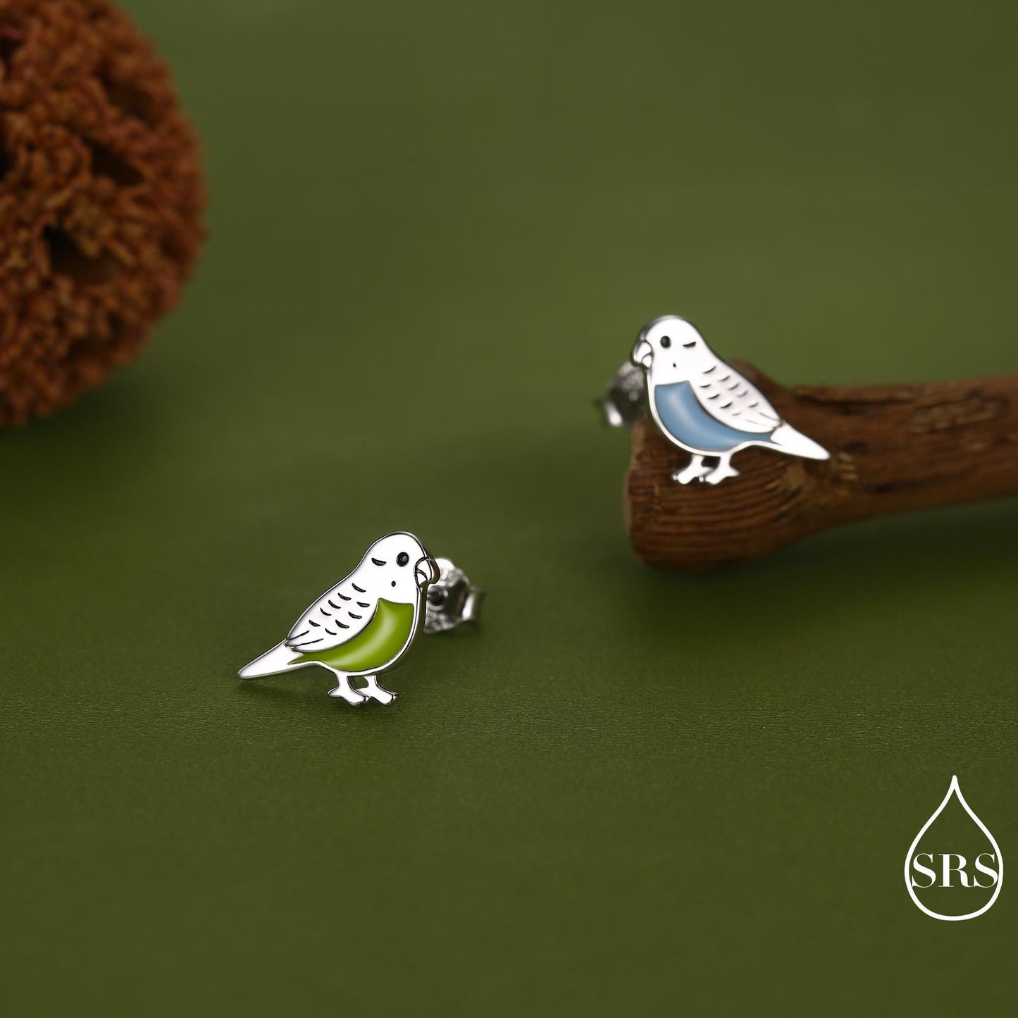 Sterling Silver Enamel Budgie Stud Earring, Mismatched Pair Green and Blue Pet parakeets Earrings, Nature Inspired Animal Jewellery