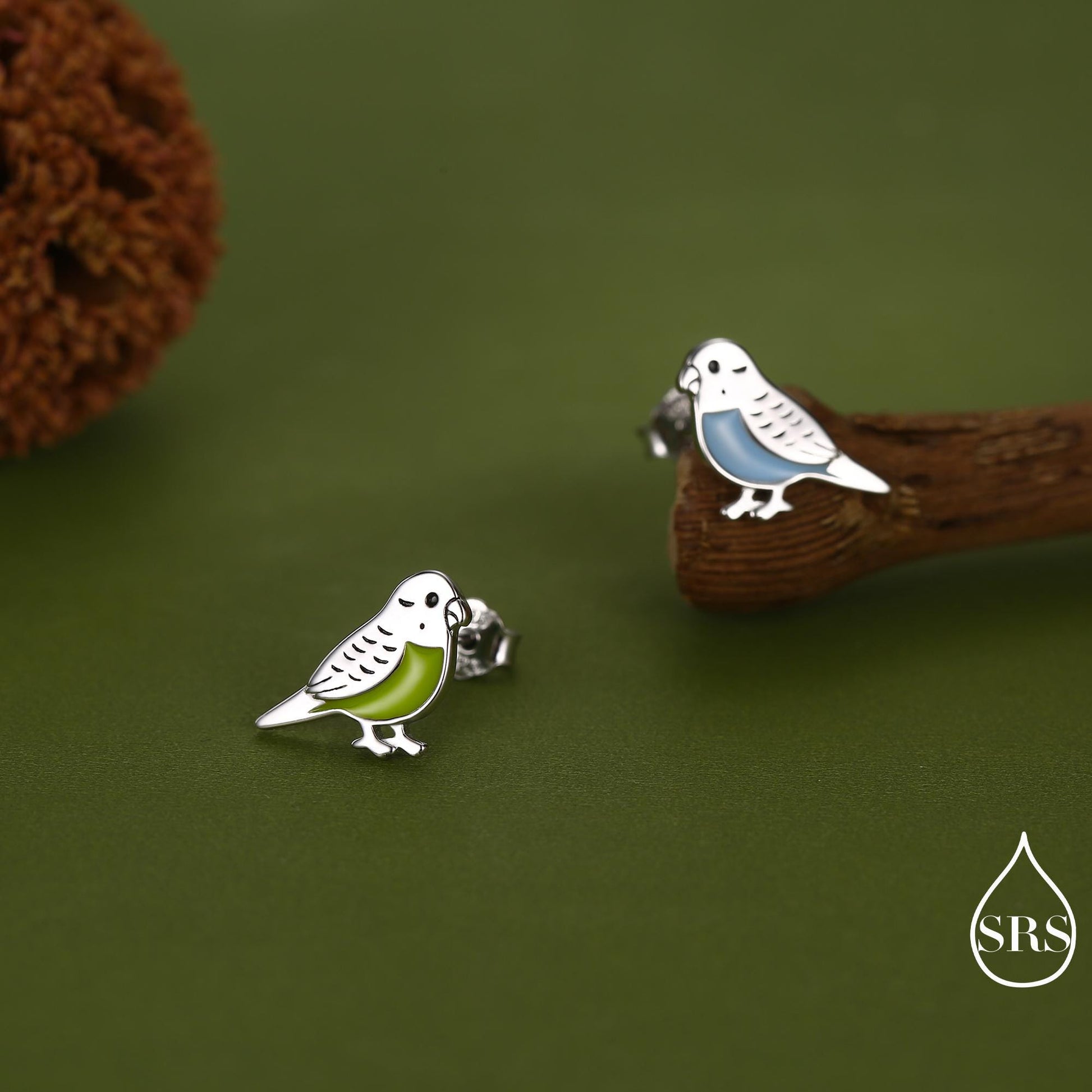Sterling Silver Enamel Budgie Stud Earring, Mismatched Pair Green and Blue Pet parakeets Earrings, Nature Inspired Animal Jewellery