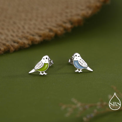 Sterling Silver Enamel Budgie Bird Stud Earring, Mismatched Pair Green and Blue Pet parakeets Earrings, Nature Inspired Bird Jewellery