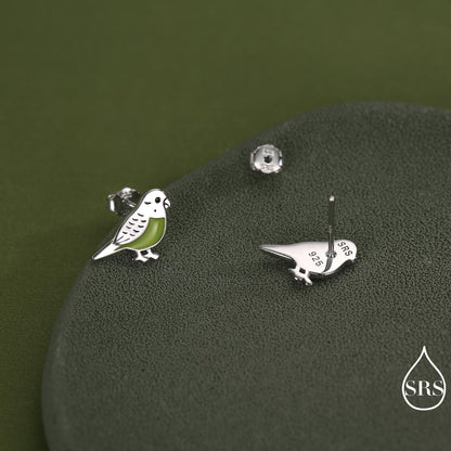 Sterling Silver Enamel Budgie Stud Earring, Mismatched Pair Green and Blue Pet parakeets Earrings, Nature Inspired Animal Jewellery
