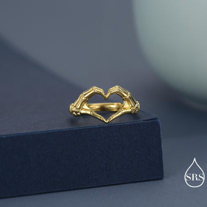 Skeleton Hands Heart Sterling Silver Ring – Gothic Love Collection - Adjustable Size