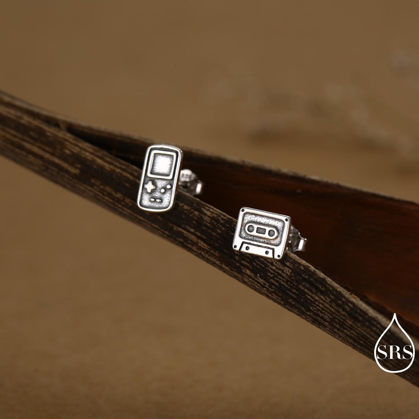 Sterling Silver Retro Game Console & Music Cassette Tape Stud Earrings, Mismatched 90s Nostalgic Jewellery, Silver, Gold or Rose Gold Finish