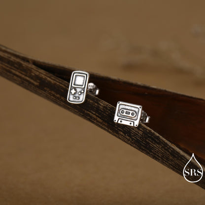 Sterling Silver Retro Game Console & Music Cassette Tape Stud Earrings, Mismatched 90s Nostalgic Jewellery, Silver, Gold or Rose Gold Finish