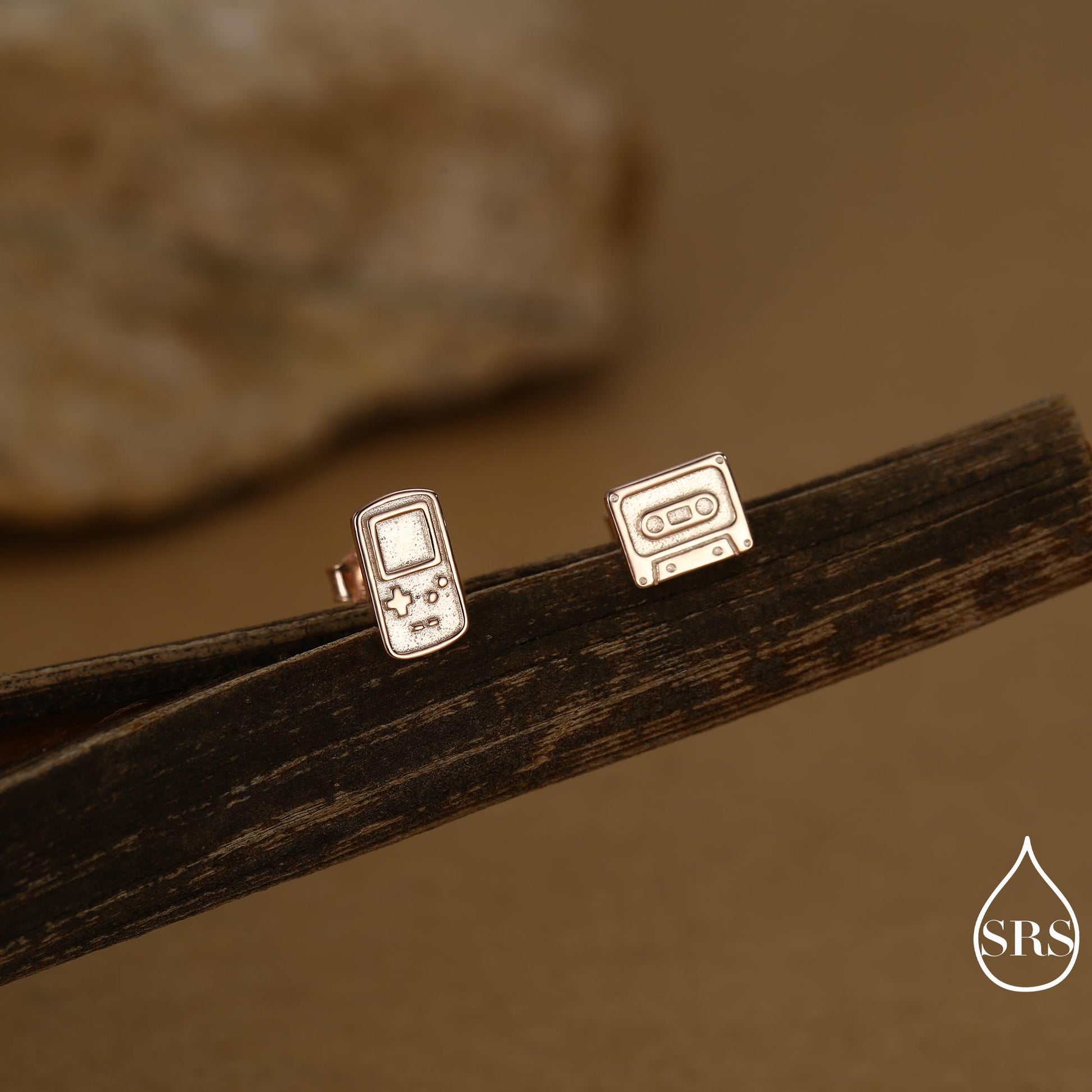 Sterling Silver Retro Game Console & Music Cassette Tape Stud Earrings, Mismatched 90s Nostalgic Jewellery, Silver, Gold or Rose Gold Finish