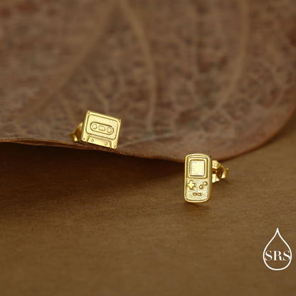 Sterling Silver Retro Game Console & Music Cassette Tape Stud Earrings, Mismatched 90s Nostalgic Jewellery, Silver, Gold or Rose Gold Finish