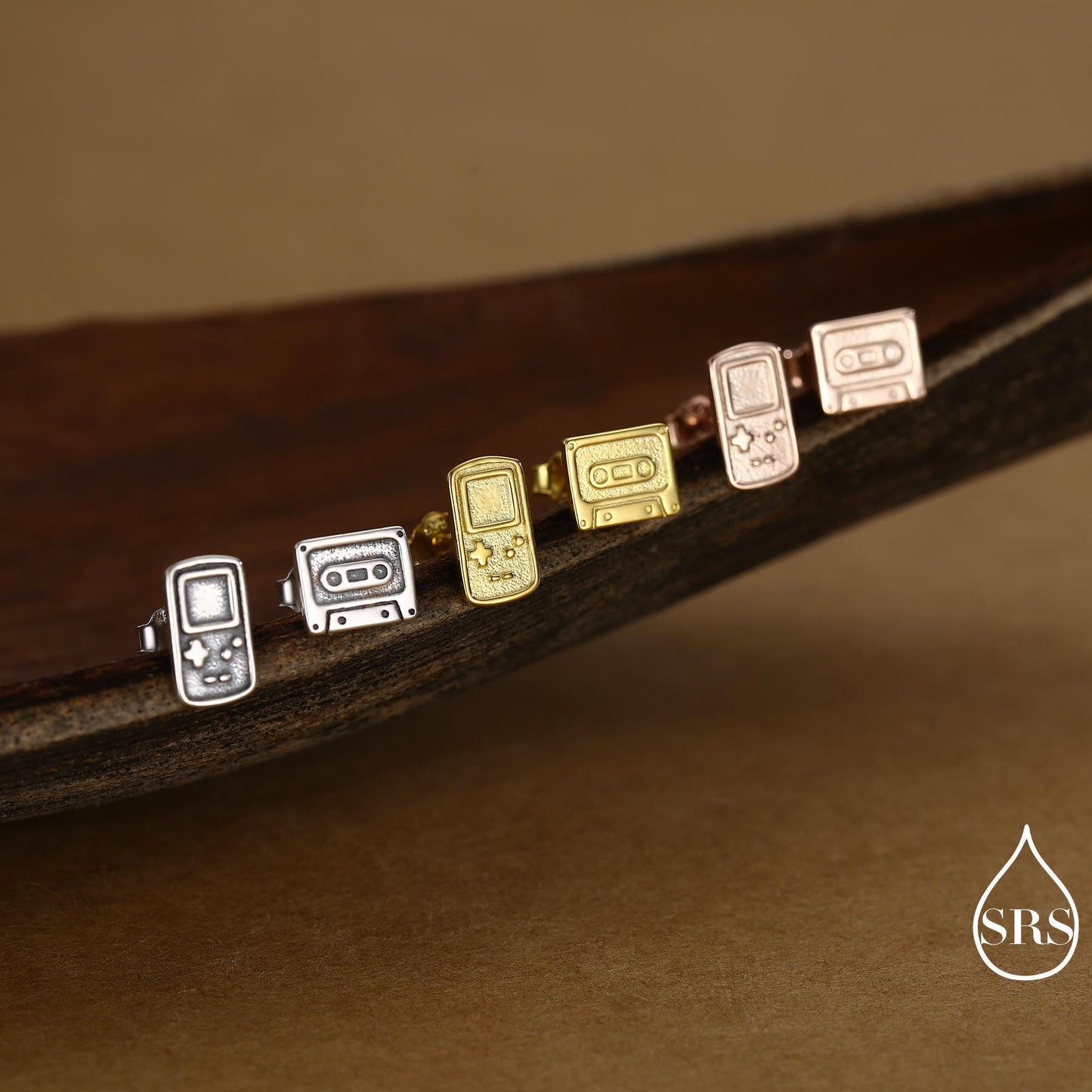 Sterling Silver Retro Game Console & Music Cassette Tape Stud Earrings, Mismatched 90s Nostalgic Jewellery, Silver, Gold or Rose Gold Finish