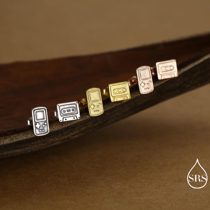 Sterling Silver Retro Game Console & Music Cassette Tape Stud Earrings, Mismatched 90s Nostalgic Jewellery, Silver, Gold or Rose Gold Finish