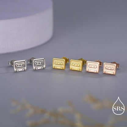 Sterling Silver Retro Music Cassette Tape Stud Earrings, 90s Nostalgic Jewellery, Oxidised Silver, Gold or Rose Gold Finish