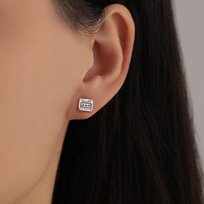 Sterling Silver Retro Music Cassette Tape Stud Earrings, 90s Nostalgic Jewellery, Oxidised Silver, Gold or Rose Gold Finish