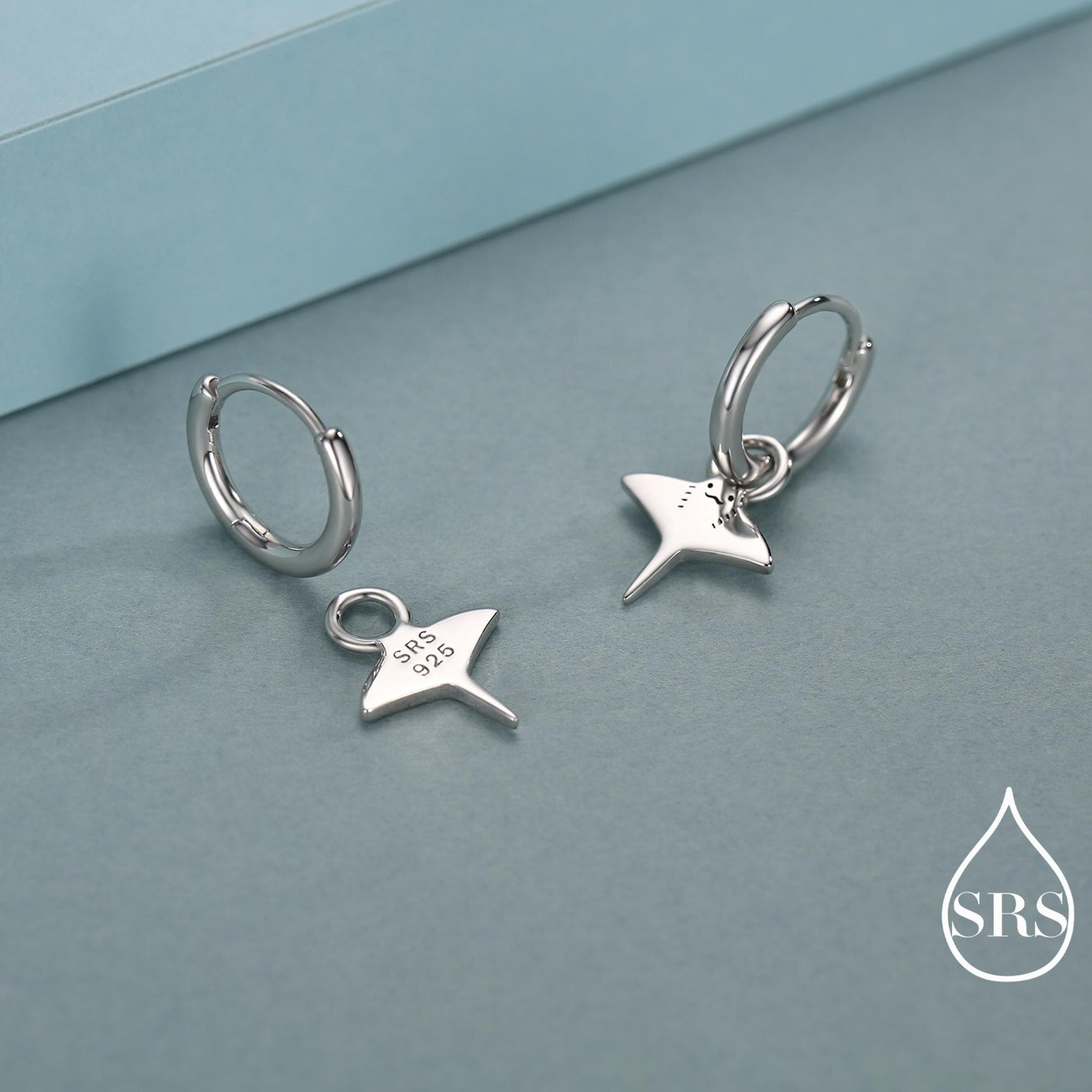 Kawaii Manta Ray Huggie Hoop Earrings in Sterling Silver, Gold or Rose Gold Finish, Detachable Charms