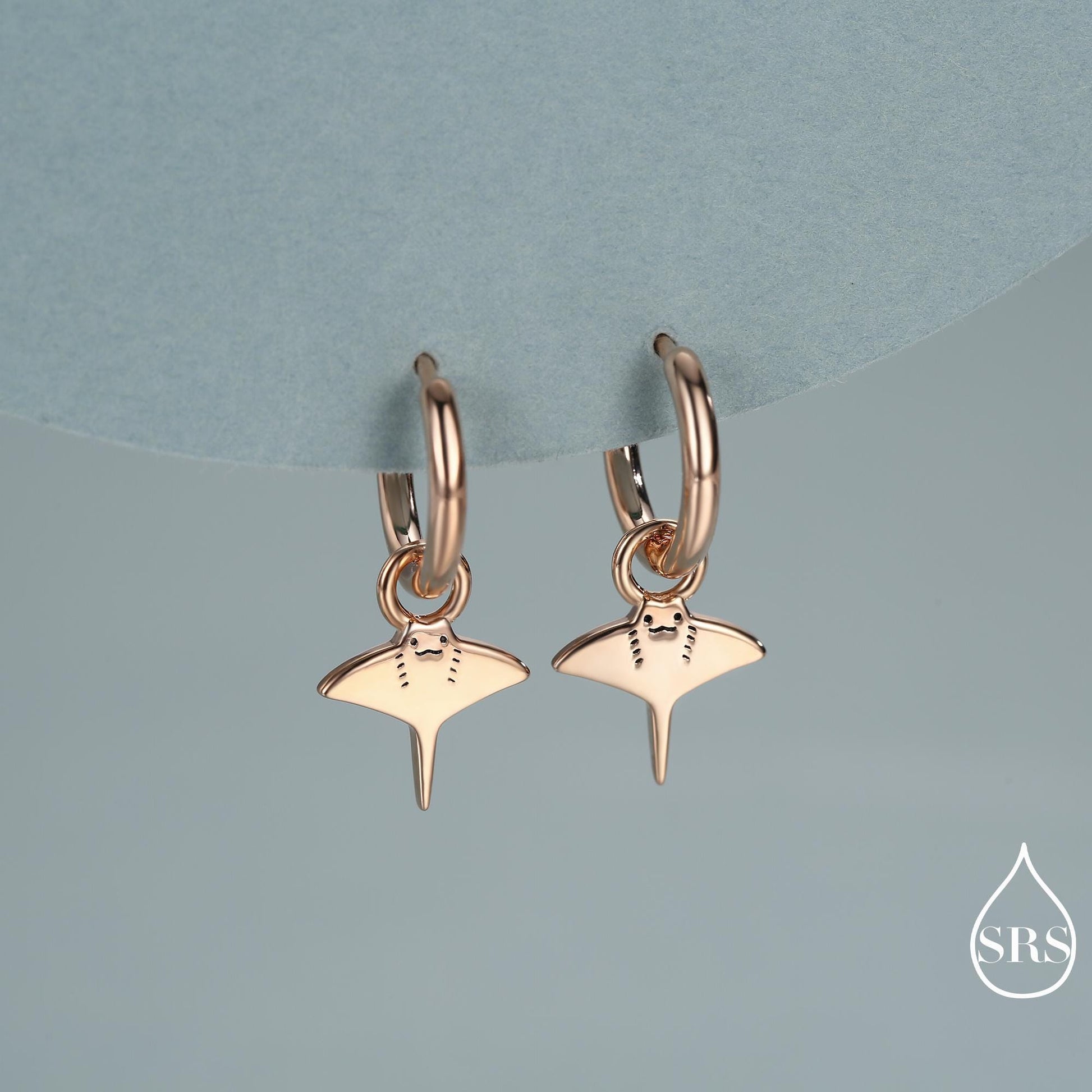 Kawaii Manta Ray Huggie Hoop Earrings in Sterling Silver, Gold or Rose Gold Finish, Detachable Charms