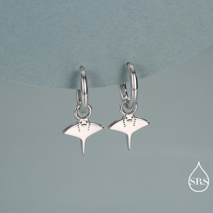 Kawaii Manta Ray Huggie Hoop Earrings in Sterling Silver, Gold or Rose Gold Finish, Detachable Charms