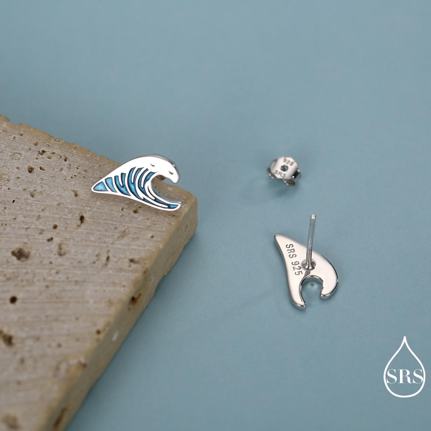 The Great Wave Sterling Silver Enamel Stud Earrings, Ocean Earrings with Hand Applied Enamel, Wave Earrings