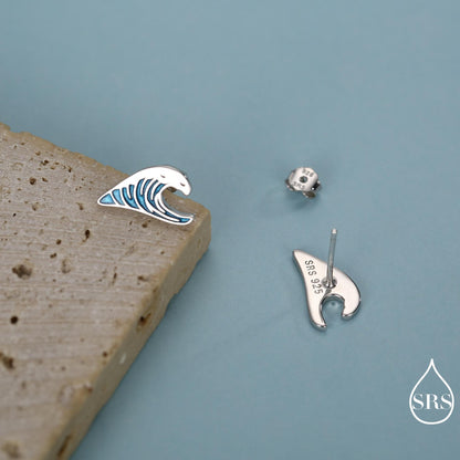The Great Wave Sterling Silver Enamel Stud Earrings, Ocean Earrings with Hand Applied Enamel, Wave Earrings