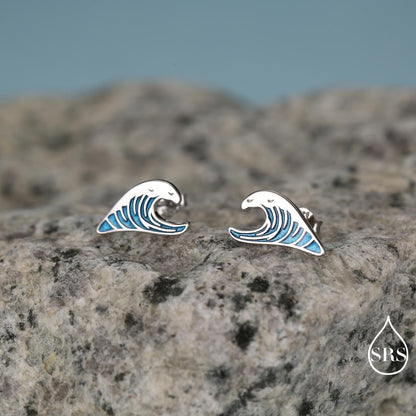 The Great Wave Sterling Silver Enamel Stud Earrings, Ocean Earrings with Hand Applied Enamel, Wave Earrings